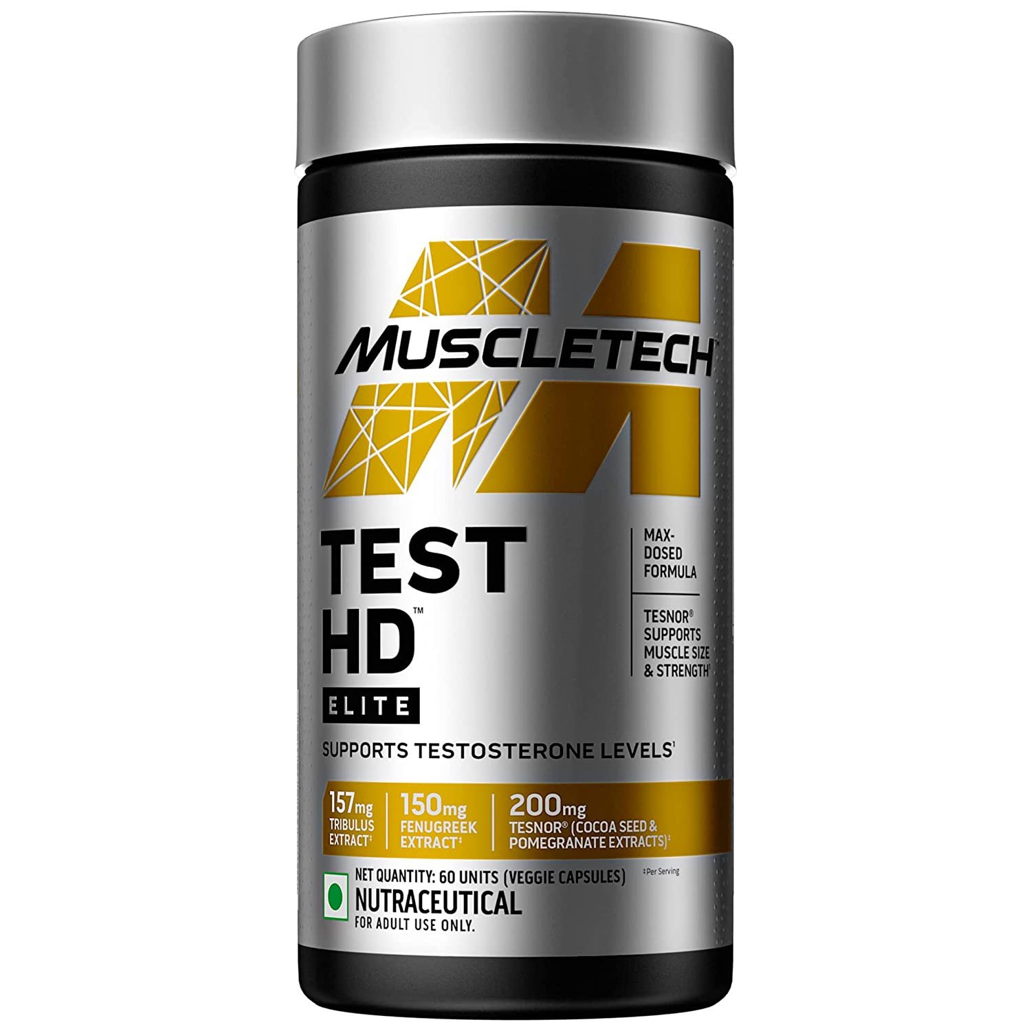 MuscleTech Test HD Elite, For Men, Tribulus Terrestris, Max-Strength ATP & Test Booster, 60 Veggie Capsules, Boost Free Testosterone Levels